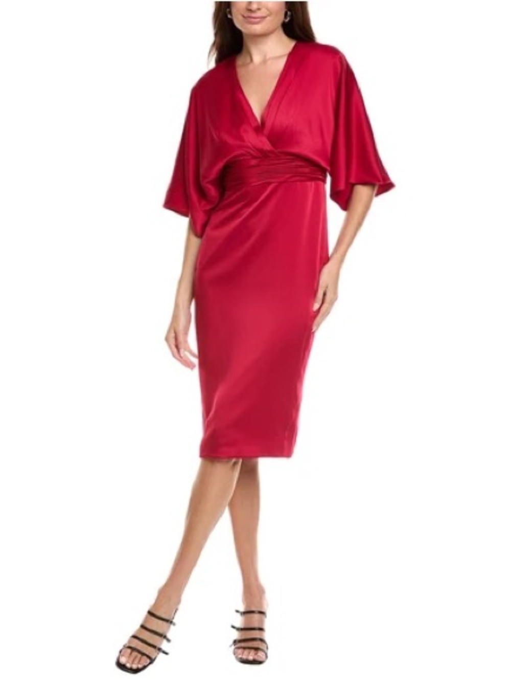 Theia Lucia Kimono Red Garnet Satin Wrap-Style Sheath Dress